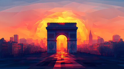 Naklejka premium Sunset over a majestic archway and cityscape in a low-poly style. Majestic Archway. Illustration