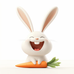 White happy bunny with carrot on white background