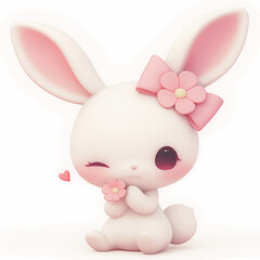 Obraz premium Bunny with pink bow and pink flower winking on white background
