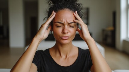 Young African American woman experiencing stress or headache, holding her temples with a tense expression, sitting indoors in a modern home setting