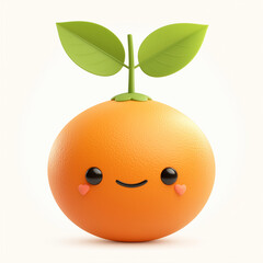 Orange fruit with happy face and green leaves on white background