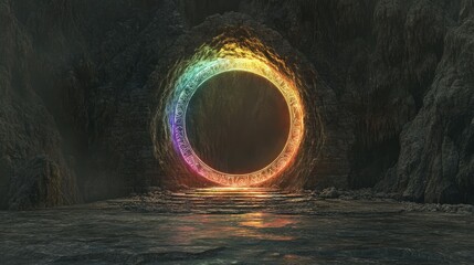 Imaginative portrayal of a portal within a stone arch in a mountain cave, featuring magical symbols and a rainbow glow