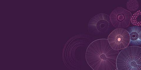 Futuristic abstract background with glowing circular patterns in deep purple and blue tones....