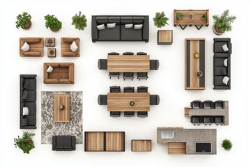 Aerial view of a modern outdoor lounge with wooden furniture and greenery, representing stylish design, relaxation, and contemporary open-air living, Generative AI