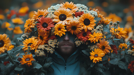 Whispers of nature as a figure emerges from a vibrant floral embrace in a sun-kissed garden