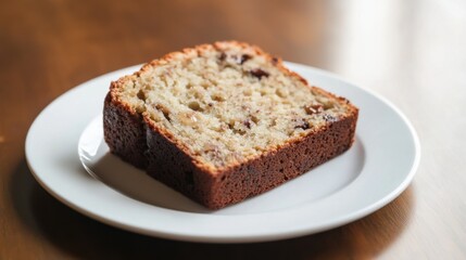 A slice of moist banana bread with walnuts and chocolate chips, placed on a plain white plate, Slice centered with a slightly angled view