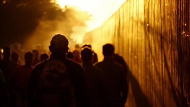 Immigrants crossing the border to USA at sunrise