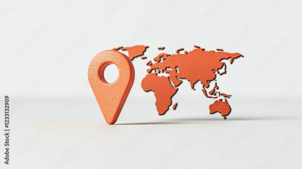 Poster 3d location marker placed on a stylized world map, representing global navigation, tracking, and dig