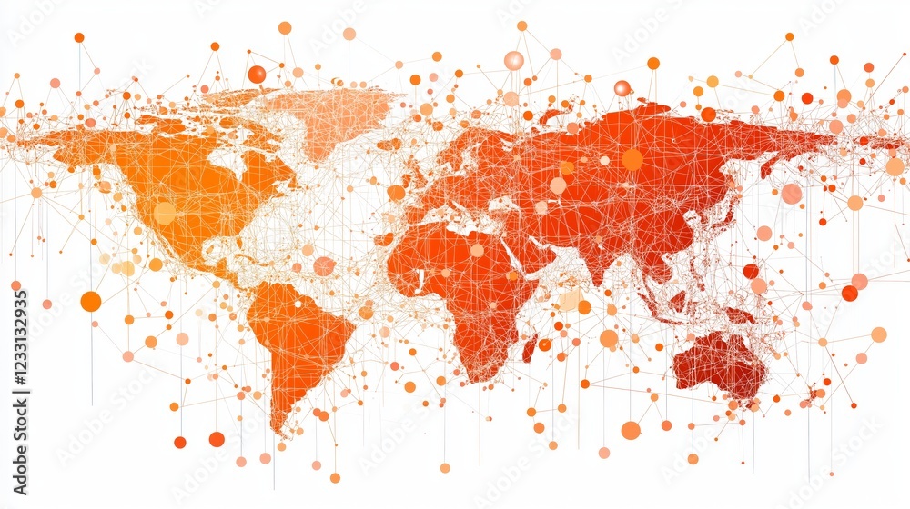 Poster Global digital network map with interconnected data points in warm colors, representing worldwide connectivity, technology, and advanced information systems, Generative AI