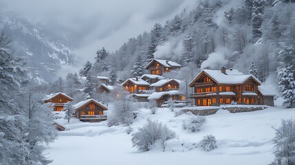 Naklejka premium Snowy mountain village, illuminated cabins, winter wonderland, travel brochure