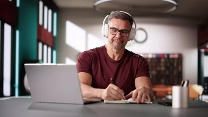 Online Virtual Webinars On Laptop Computer. Happy Man