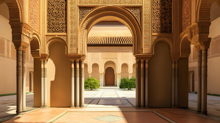 A majestic archway in alhambra's palace courtyard, grand entrance, historic. Majestic Archway. Illustration