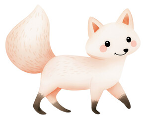 Obraz premium Watercolor illustration of a furry white fox with a fluffy tail isolated on transparent background.