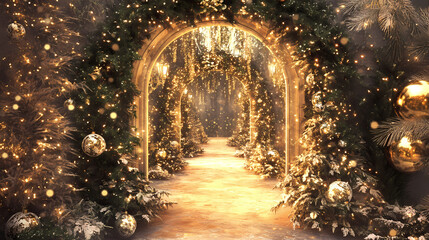 A majestic christmas archway adorned with glittering gold and silver ornaments and lush greenery, glittering accents, greenery, holiday archways. Majestic Archway. Illustration