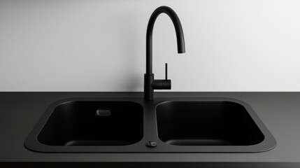 Modern black double kitchen sink with sleek faucet in minimalistic design