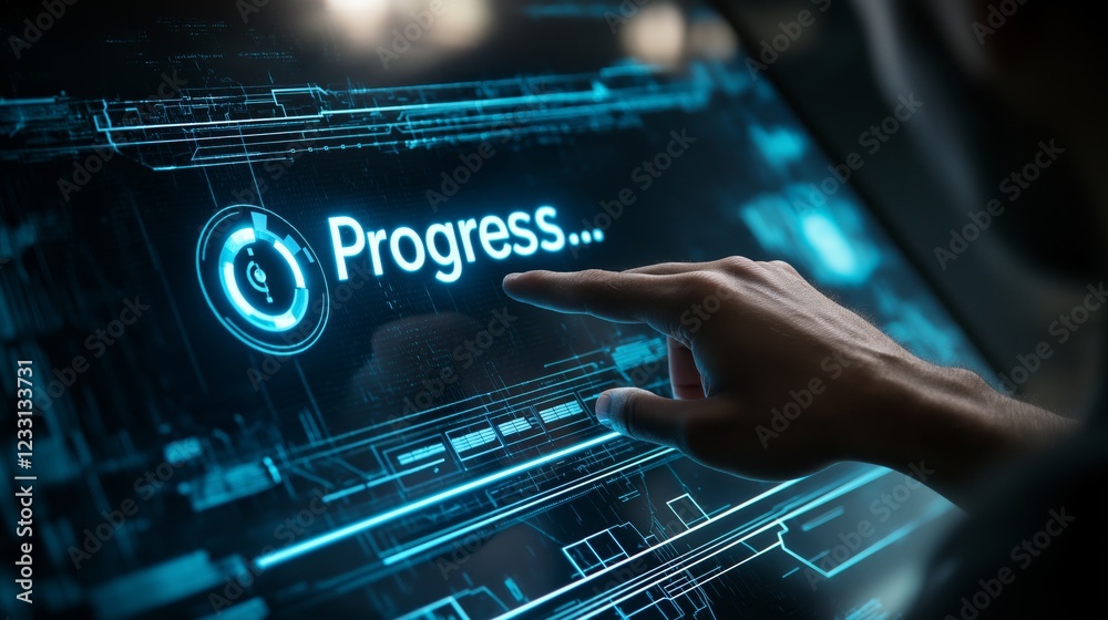 Poster Hand touching a virtual progress indicator with futuristic glowing effects, symbolizing digital transformation, technology advancement, and business development, Generative AI