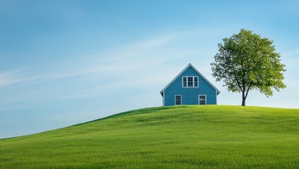 Fototapeta premium Tranquil Blue House on a Verdant Hilltop