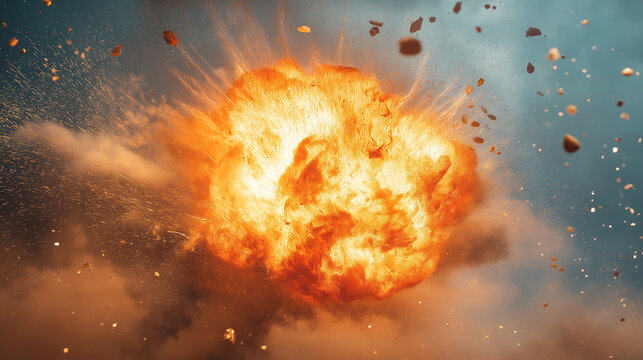 Dramatic Explosion with Fire and Debris in Sky
