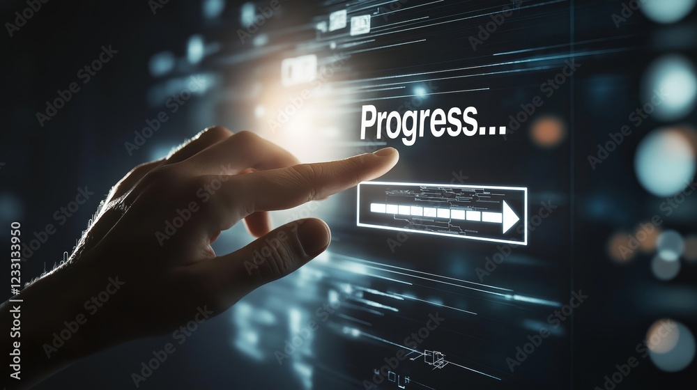 Aufkleber Progress loading bar with hand touch on a black digital interface, representing innovation, technology advancement, and business optimization, Generative AI