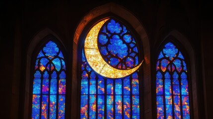 Obraz premium Crescent Moon Stained Glass Window in Church at Night