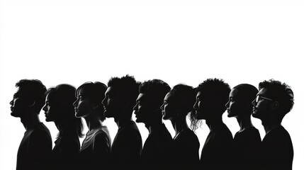 Obraz premium Black and white silhouettes of diverse individuals standing in a row, symbolizing unity, equality, and social harmony in a minimalist composition, Generative AI