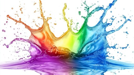 Fototapeta premium Vibrant rainbow color splash with water droplets on white background, representing creativity, energy, abstract design, and artistic expression in digital art, Generative AI