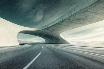 Fototapeta premium Modern concrete architecture curves over a deserted highway in a remote landscape