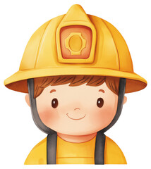 Watercolor illustration of a little boy in a yellow firefighter helmet isolated on transparent background.