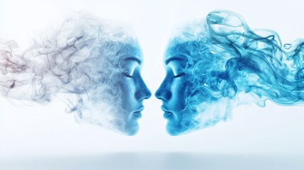 Fototapeta premium A face split into two halves, one side confident and glowing, the other fading into smoke and whispers, signifying duality in identity and self-doubt