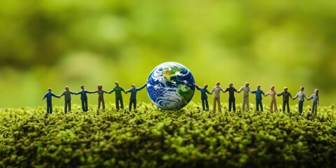Global Unity: Miniature Figures Holding Hands Around a Miniature Earth on Mossy Ground, symbolizing environmental conservation and global cooperation.