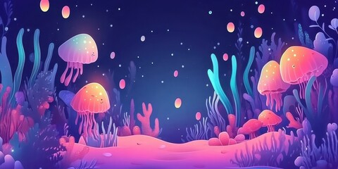 Naklejka premium Glowing Jellyfish Swim Amidst Vibrant Underwater Flora