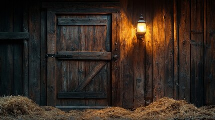 A rustic barn interior lit by a glowing lantern, showcasing wood textures and nostalgic warmth. Ideal for rural or storytelling themes.