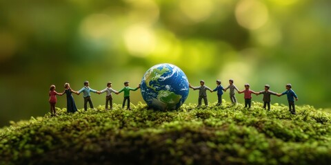 Global Unity: Miniature Figures Holding Hands Around a Miniature Earth, Symbolizing International Cooperation and Environmental Conservation.