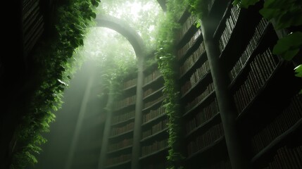 Sunlit forest library: nature and architecture unite in lush, green serenity