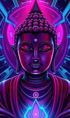 Futuristic illustration of Buddha in cyberpunk style