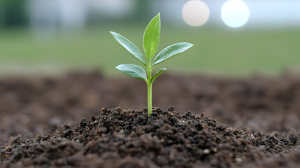 Fototapeta premium Young sprout growing in rich soil, background blurred