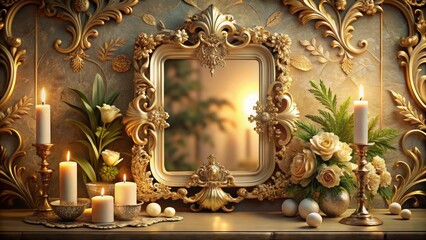 Obraz premium A delicate golden frame with intricate carvings of leaves and flowers adorns a stunning piece of artwork, surrounded by soft candlelight and ornate furnishings, Vintage Charm, Gilded Accents