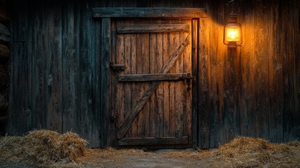 A rustic barn interior lit by a glowing lantern, showcasing wood textures and nostalgic warmth. Ideal for rural or storytelling themes.