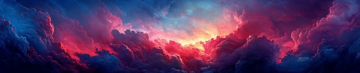 Naklejka premium Cinematic Twilight Sky: Dramatic Red, Blue, and Purple Clouds with Glowing Sunlit Edges in a Stunning Panoramic View
