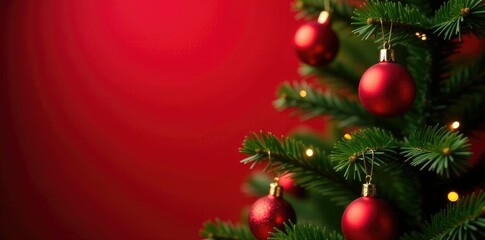 Decorated tree ornaments in shades of red against a bright red background, garland, cozy cabin, festive colors