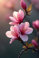 Delicate pink petals unfolding on bare branches, green leaves, bloom