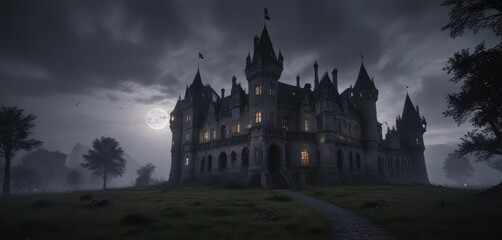 Obraz premium Haunted castle at dusk with eerie ghostly apparitions floating around the perimeter, ghosts, castle