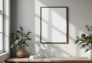 A white-framed picture hangs on a light gray wall, accompanied by a brown woven basket with a green plant and a stack of books on a wooden shelf. A4 Frame Mockup