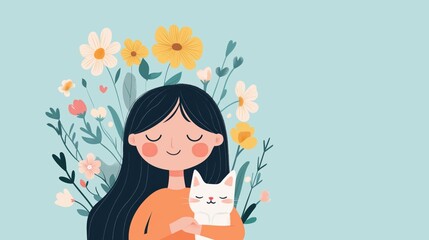 Whimsical illustration of a girl hugging a cat surrounded by colorful flowers