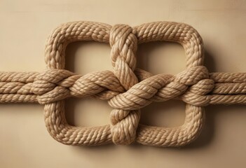 Fototapeta premium Hemp rope square knot on a warm beige textured background, hemp rope, texture