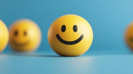 Yellow smiley face emoji on blue background symbolizing happiness and positivity