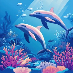 Fototapeta premium Two Dolphins Swim Gracefully Through Vibrant Coral Reef