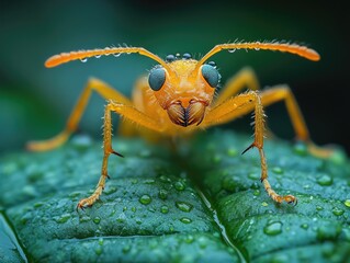 Fototapeta premium Detailed close-up shot of a yellow ant on a green leaf with water droplets