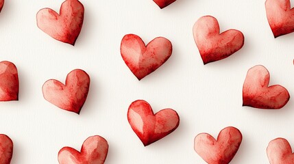 Fototapeta premium Close-up of hand-painted red watercolor hearts seamlessly scattered on a soft white textured background, creating a romantic and artistic feel