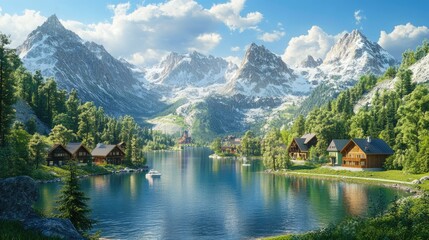 Fototapeta premium In the valley at the foot of the mountains there are houses near the lake. 3D illustration